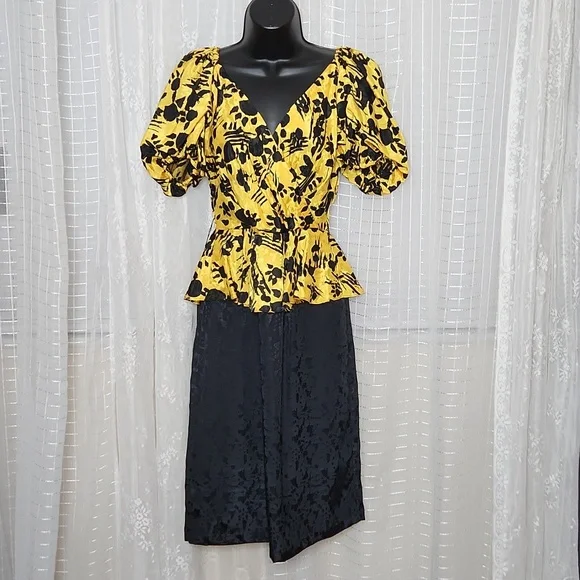 American Vintage | Dresses | Vintage 8s Satin Baroque Gold Black Party  Cocktail Dress W Puff Sleeves | Poshmark